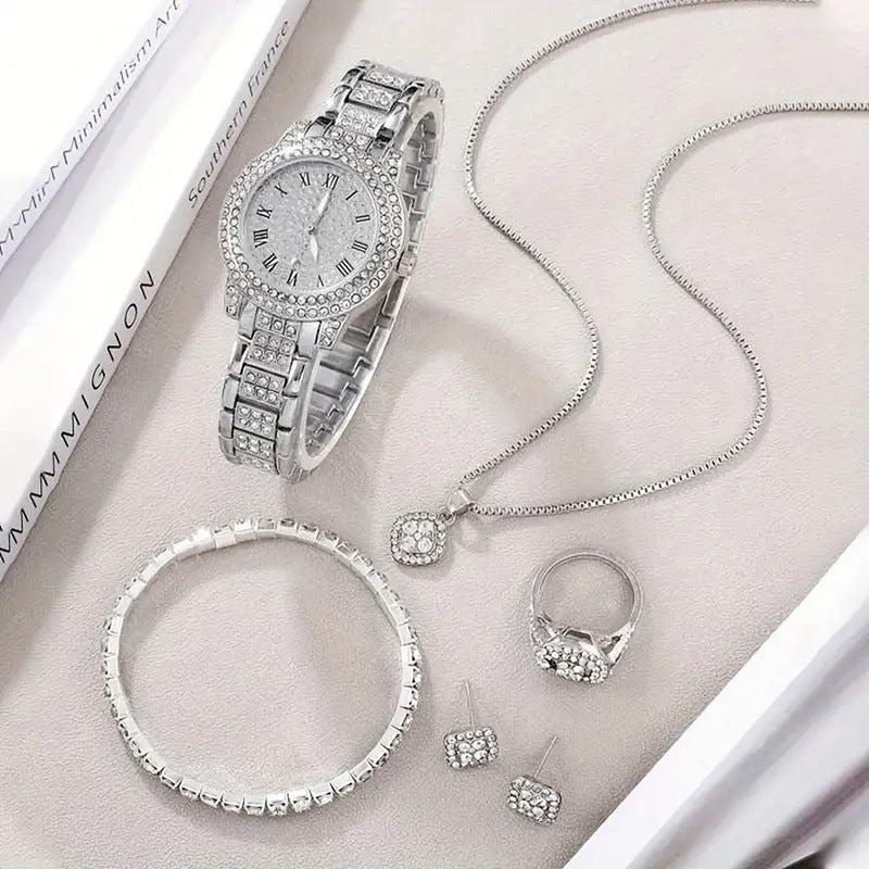 Roman Number Quartz Watch, Bracelet, Necklace, Earing, Ring 5pcs Set, Diamond Style