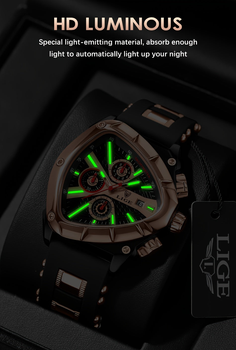 LIGE Polygonal Men's Quartz Watch, Calendar, Multi-functional, Night Light Watch