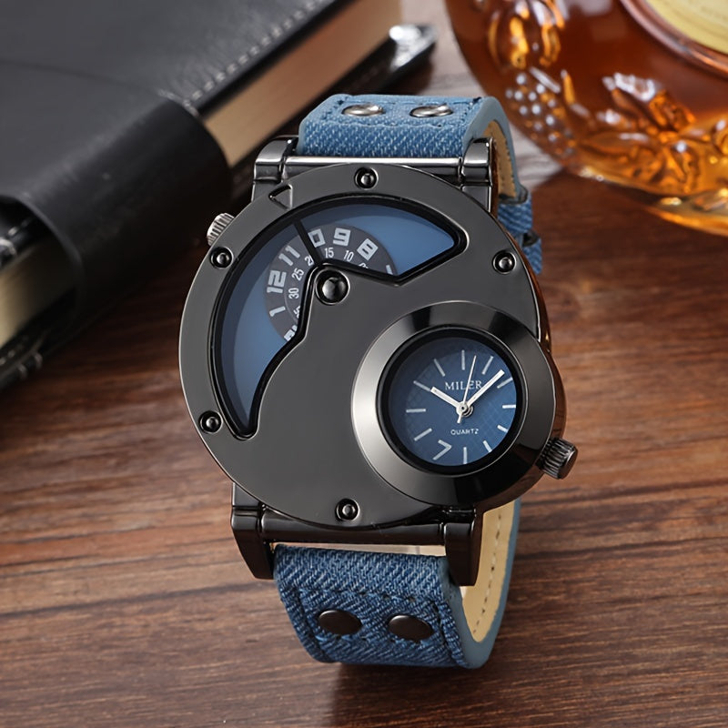 Vintage Dual-Time Display Men's Watch with Studded Details, Denim Strap, Quartz Movement, Round Alloy Case, Electronic Drive, Non-Waterproof - Fashionable Large Dial Wristwatch for Men