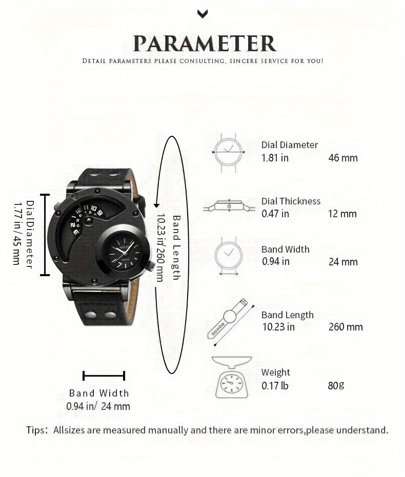 Vintage Dual-Time Display Men's Watch with Studded Details, Denim Strap, Quartz Movement, Round Alloy Case, Electronic Drive, Non-Waterproof - Fashionable Large Dial Wristwatch for Men