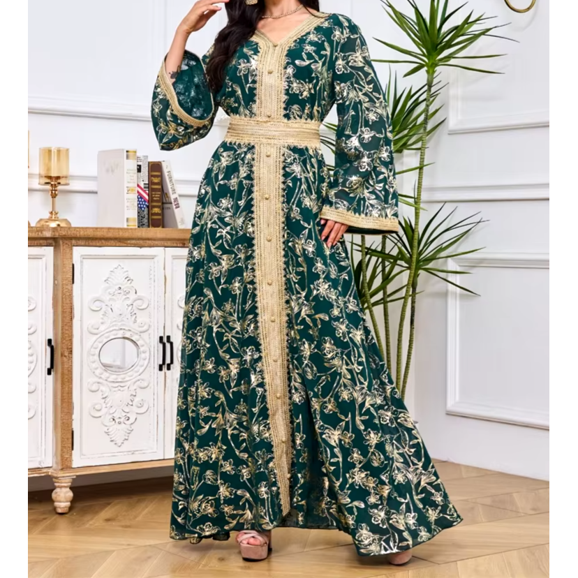 Long Gown Jalabiya Muslim & Arabic Women Dress, with Long Sleeves Floral Stamping V Neck Dresses