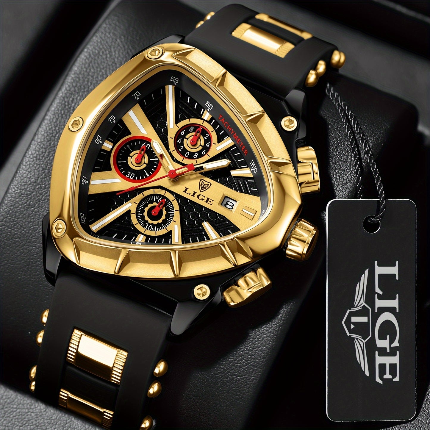 LIGE Polygonal Men's Quartz Watch, Calendar, Multi-functional, Night Light Watch