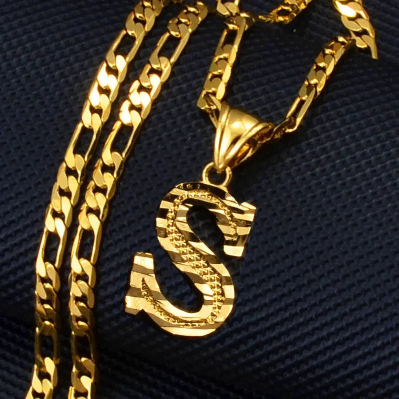 Gold-plated initial alphabet pendant necklace with Figaro chain for unisex.