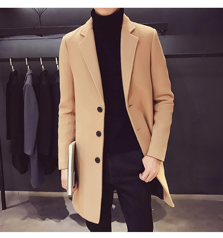 Long Cotton Coat New Wool Blend Jacket Spring Autumn Pure Color Casual Business Fashion Men's Clothing Slim Windbreaker