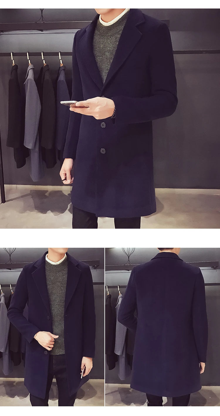 Long Cotton Coat New Wool Blend Jacket Spring Autumn Pure Color Casual Business Fashion Men's Clothing Slim Windbreaker