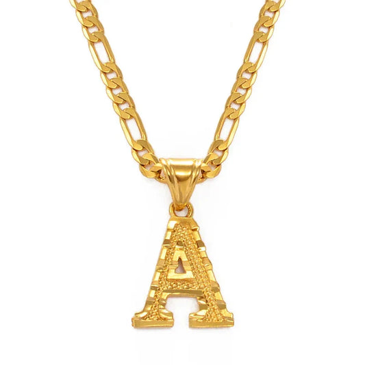 Gold plated letter A pendant necklace with Figaro chain.