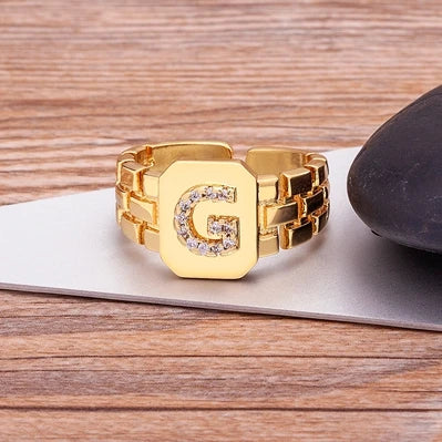 Gold Color Initial Ring Adjustable A-Z Letters Zircon Rings For Women