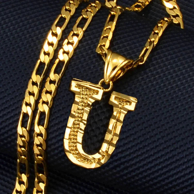 Gold plated letter U pendant necklace with Figaro chain for women, men, and girls.