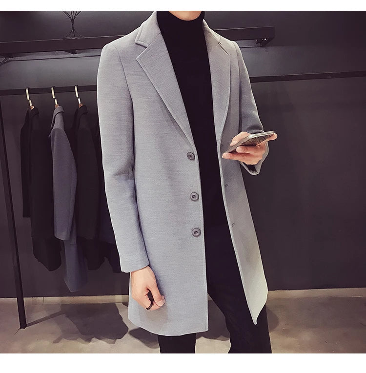 Long Cotton Coat New Wool Blend Jacket Spring Autumn Pure Color Casual Business Fashion Men's Clothing Slim Windbreaker