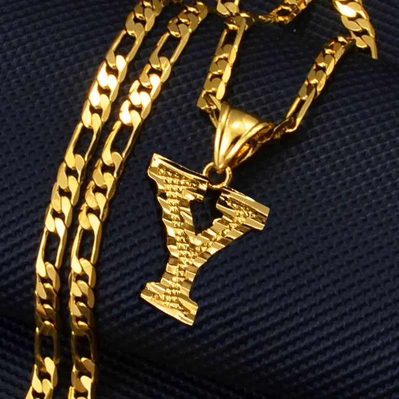 Gold-plated alphabet pendant on Figaro chain necklace for women, men, and girls.