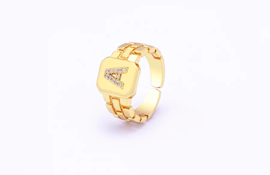 Gold Color Initial Ring Adjustable A-Z Letters Zircon Rings For Women