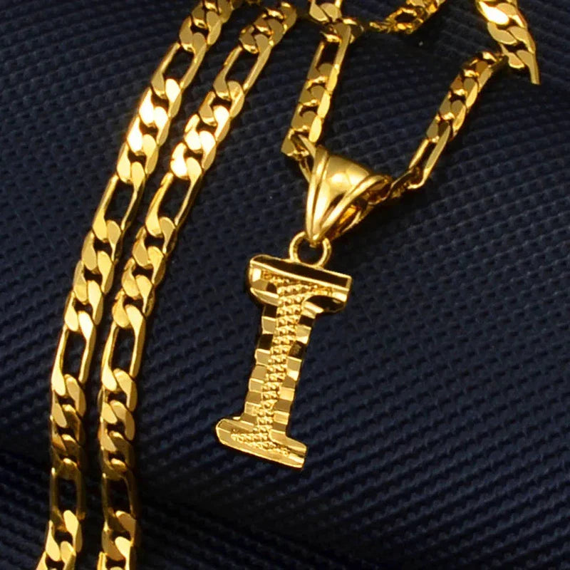 Gold plated initial pendant necklace with Figaro chain for women, men, and girls.