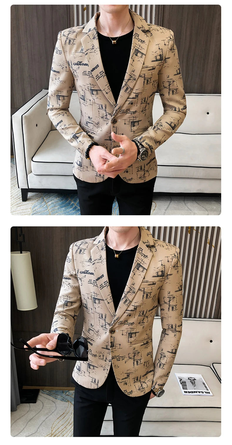 Men Blazer Spring Fashion High-quality Men Korean Version of The Printed Slim Formal Wedding Party Prom Suit Jacket