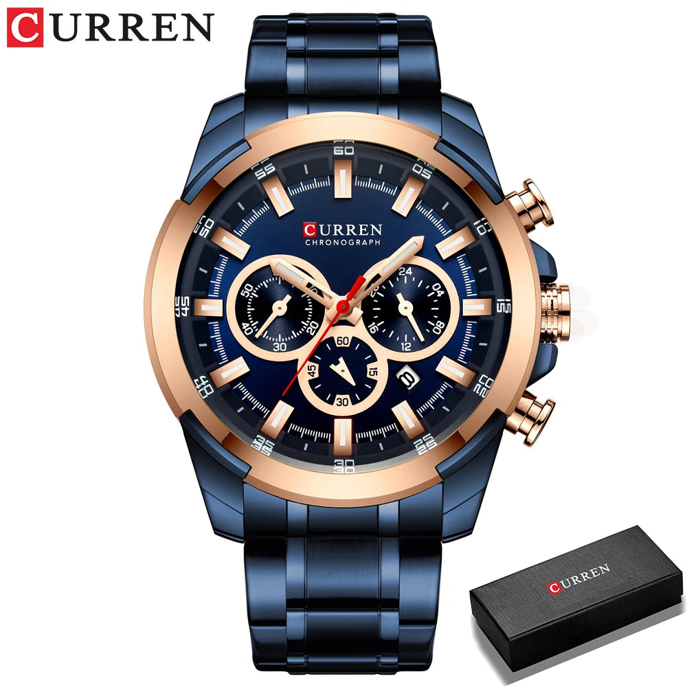 Men Quartz Watch CURREN Big Watch Quartz Wristwatches Chronograph Gold Design