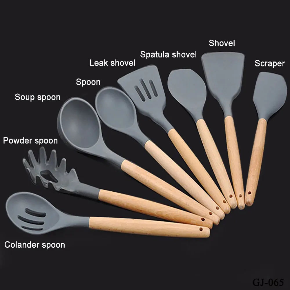 Cutlery, Silverware, Flatware, or Tableware (One Pcs Prices) Silicone Cooking Utensils With Wooden Handle Non-Sticky