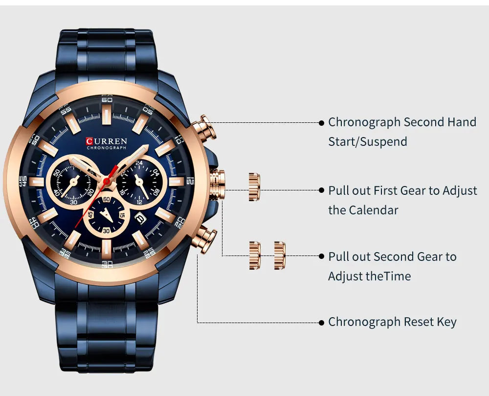 Men Quartz Watch CURREN Big Watch Quartz Wristwatches Chronograph Gold Design
