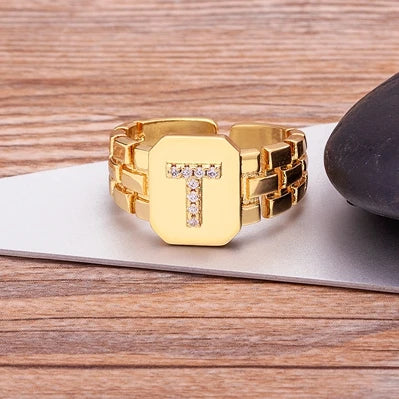 Gold Color Initial Ring Adjustable A-Z Letters Zircon Rings For Women