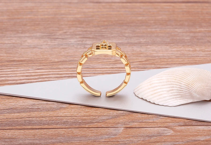 Gold Color Initial Ring Adjustable A-Z Letters Zircon Rings For Women