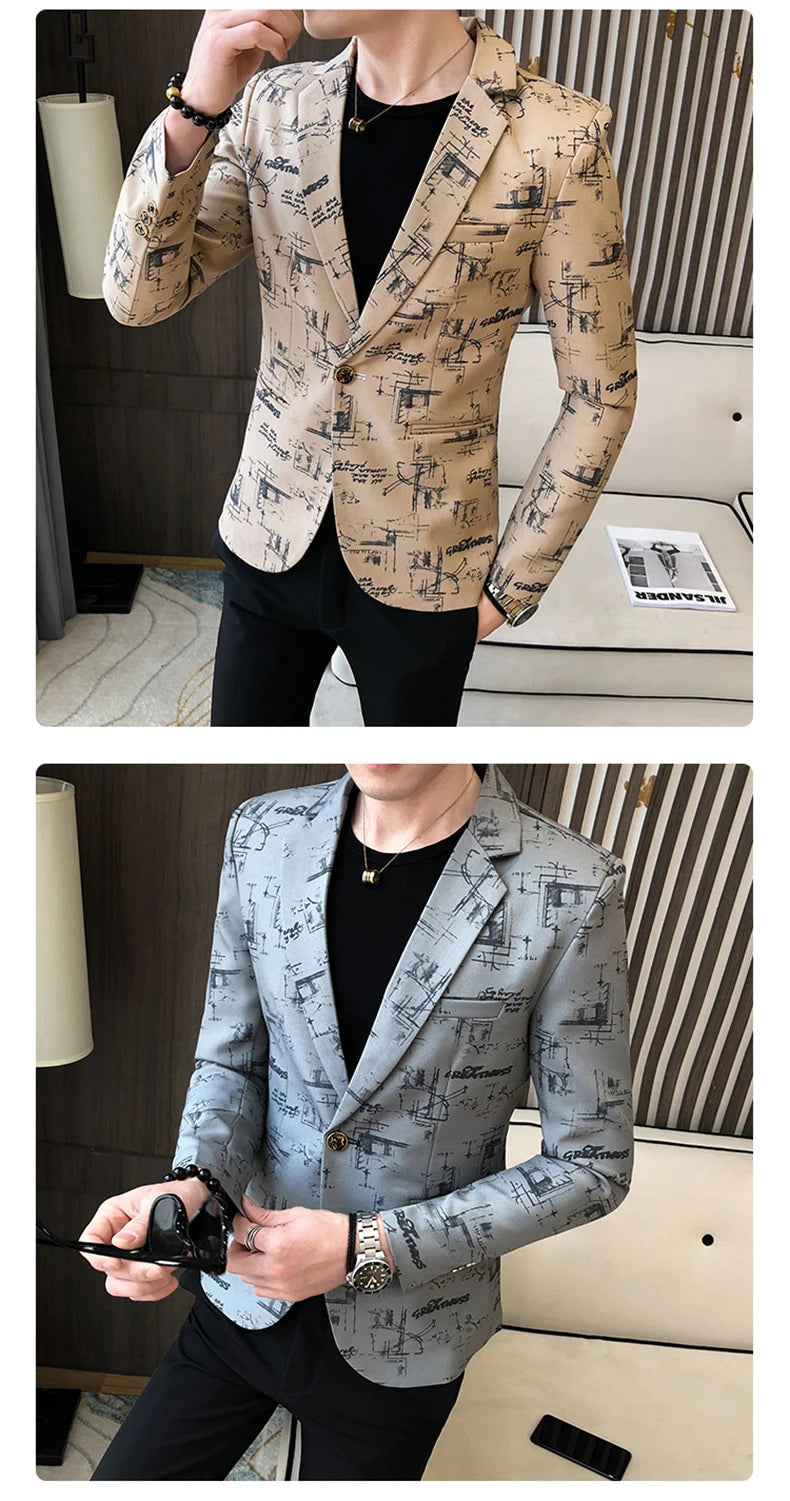 Men Blazer Spring Fashion High-quality Men Korean Version of The Printed Slim Formal Wedding Party Prom Suit Jacket