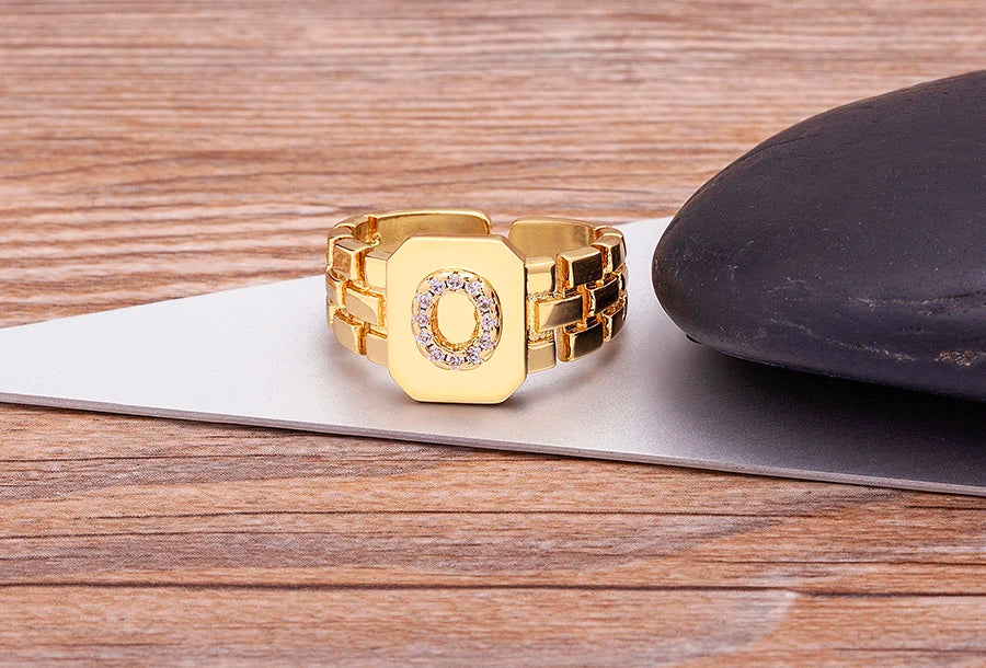 Gold Color Initial Ring Adjustable A-Z Letters Zircon Rings For Women