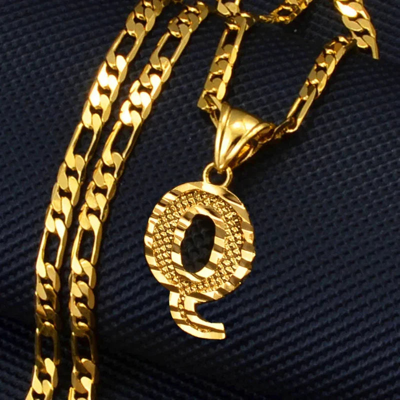 Gold plated letter pendant necklace with Figaro chain for women, men, and girls.