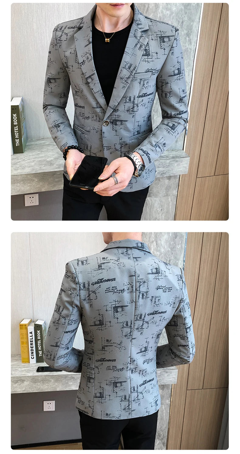 Men Blazer Spring Fashion High-quality Men Korean Version of The Printed Slim Formal Wedding Party Prom Suit Jacket