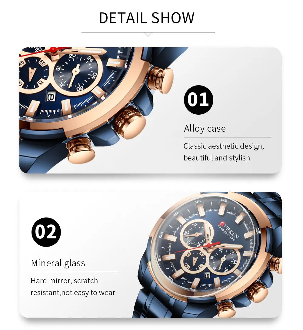 Men Quartz Watch CURREN Big Watch Quartz Wristwatches Chronograph Gold Design