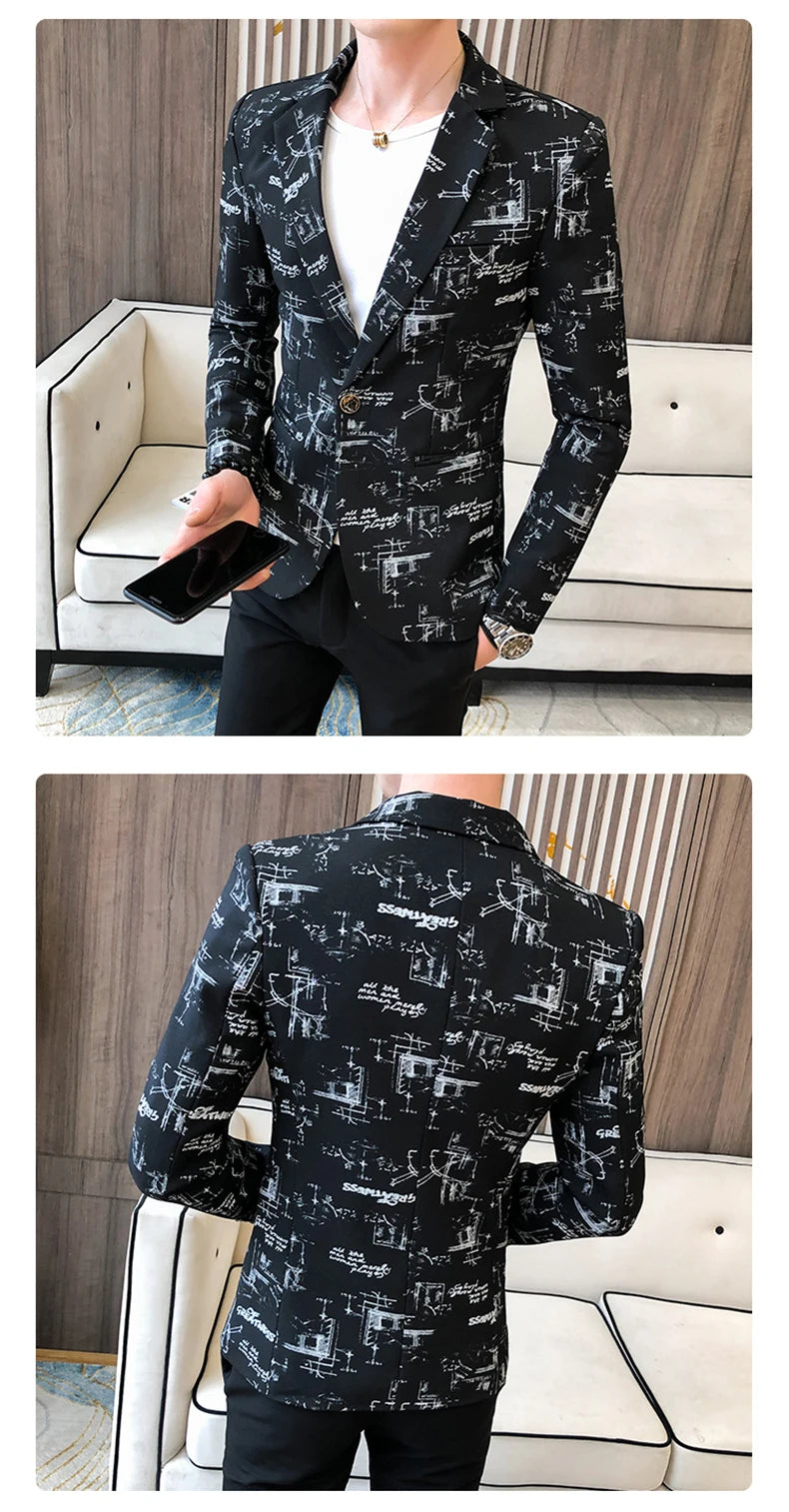 Men Blazer Spring Fashion High-quality Men Korean Version of The Printed Slim Formal Wedding Party Prom Suit Jacket