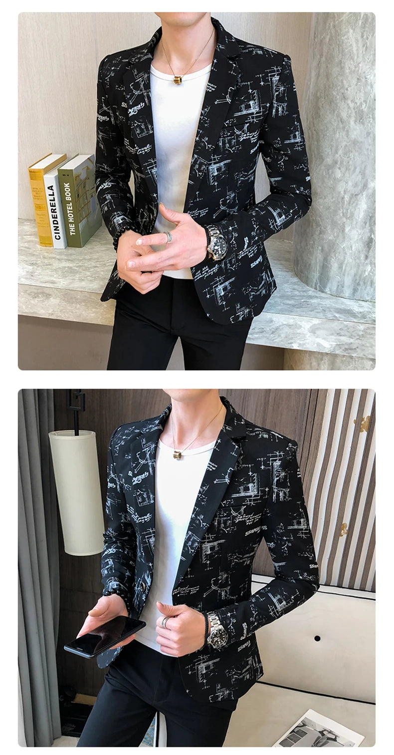 Men Blazer Spring Fashion High-quality Men Korean Version of The Printed Slim Formal Wedding Party Prom Suit Jacket