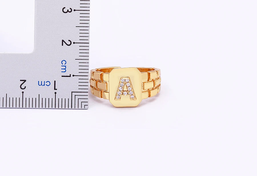 Gold Color Initial Ring Adjustable A-Z Letters Zircon Rings For Women