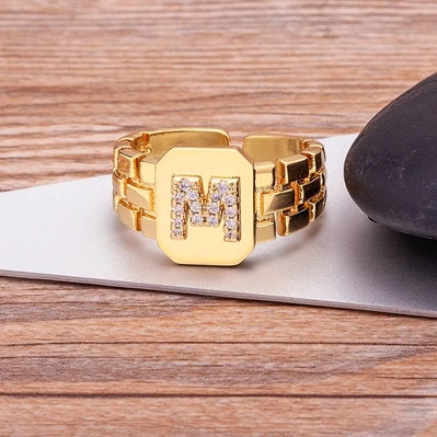 Gold Color Initial Ring Adjustable A-Z Letters Zircon Rings For Women