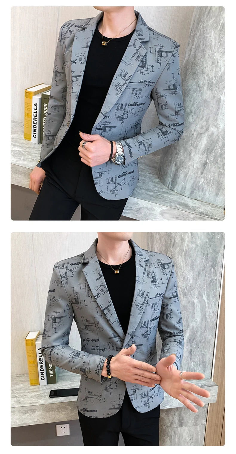 Men Blazer Spring Fashion High-quality Men Korean Version of The Printed Slim Formal Wedding Party Prom Suit Jacket