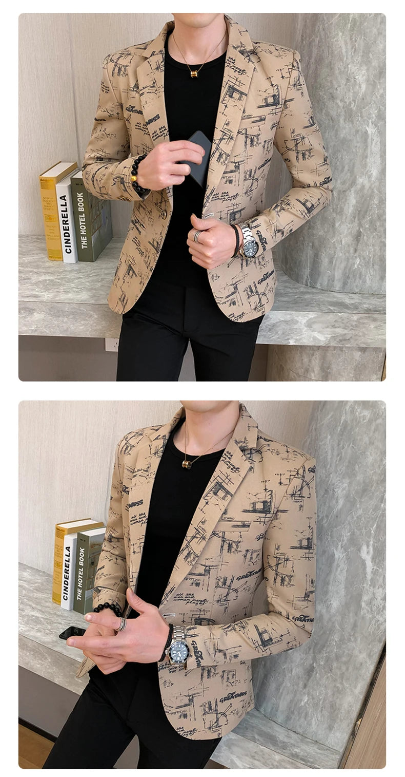 Men Blazer Spring Fashion High-quality Men Korean Version of The Printed Slim Formal Wedding Party Prom Suit Jacket