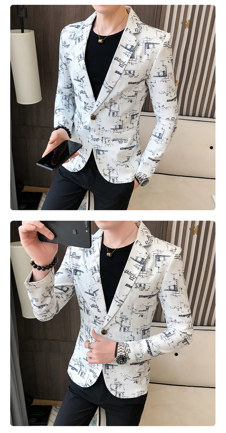 Men Blazer Spring Fashion High-quality Men Korean Version of The Printed Slim Formal Wedding Party Prom Suit Jacket