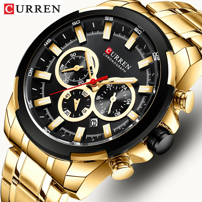 Men Quartz Watch CURREN Big Watch Quartz Wristwatches Chronograph Gold Design