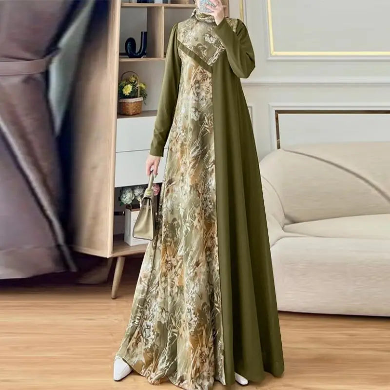 Abaya Muslim Fashion Long Sleeve O Neck Abaya Robes ZANZEA Women Elegant Floral Printed Patchwork Long Dresses