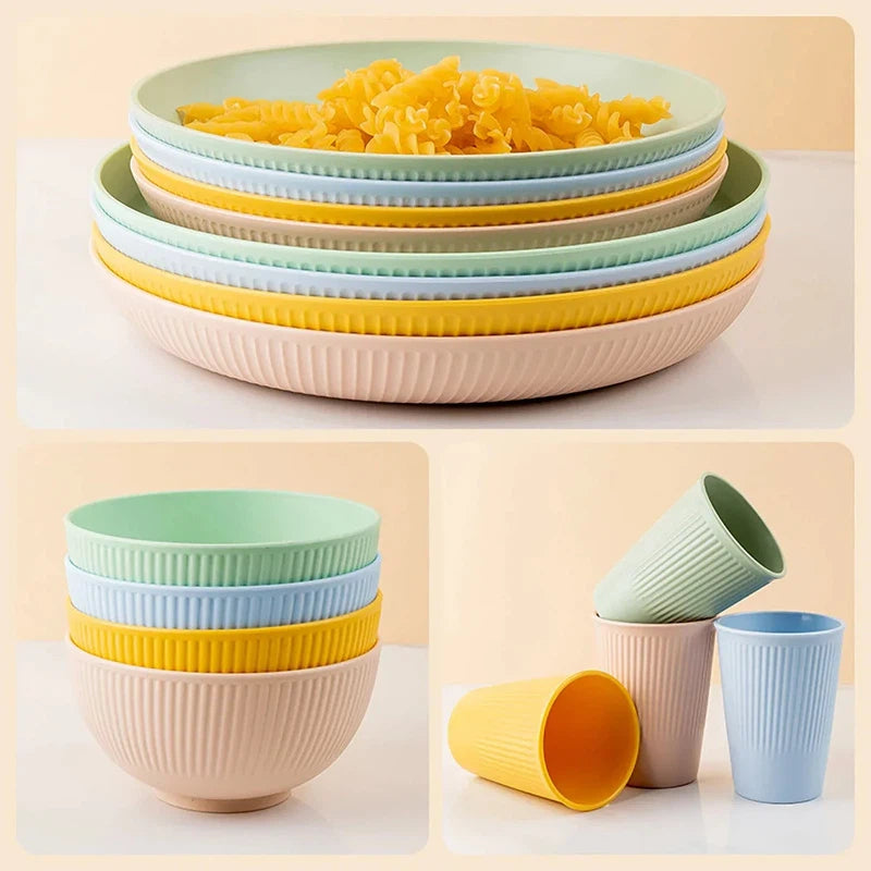 4Pcs wheat straw tableware set with plate, dish, bowl, and cup in solid pastel colors, unbreakable and eco-friendly dinnerware for camping.