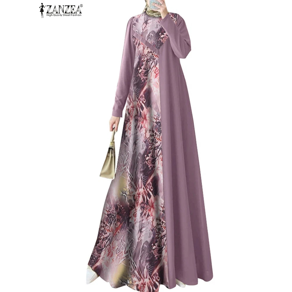 Abaya Muslim Fashion Long Sleeve O Neck Abaya Robes ZANZEA Women Elegant Floral Printed Patchwork Long Dresses