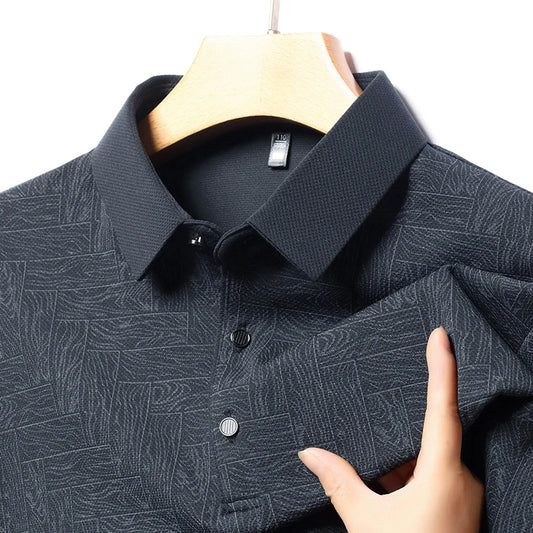 Men's Polo Shirt Hollow Printing Lapel Long-sleeved Business Fashion Male T-Shirt Golf Bottoming Shirt Top