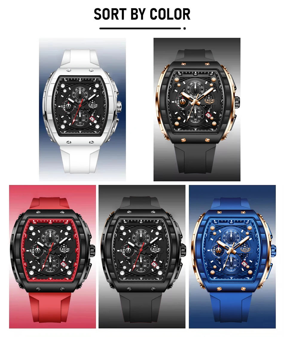 LIGE Top Brand Luxury Men's Watches Fashion Square Waterproof Men's Quartz Wristwatches Military Sports