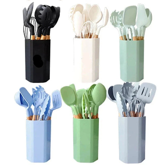 11Pcs silicone cooking utensils set with wooden handles in assorted colors.