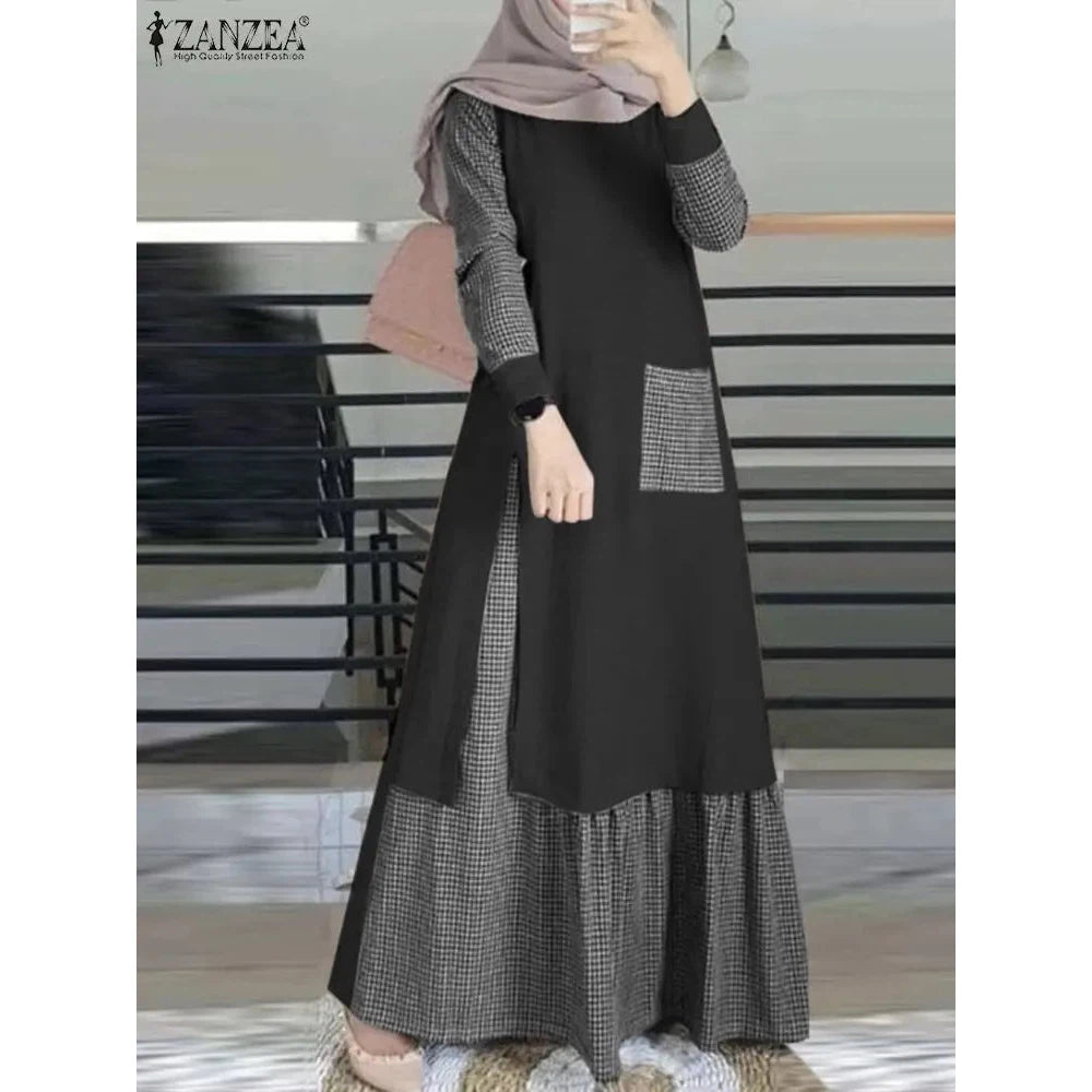 Abaya for Muslim Women Patchwork Long Sundress Robe ZANZEA Long Sleeve Vintage Muslim Plaid Dress