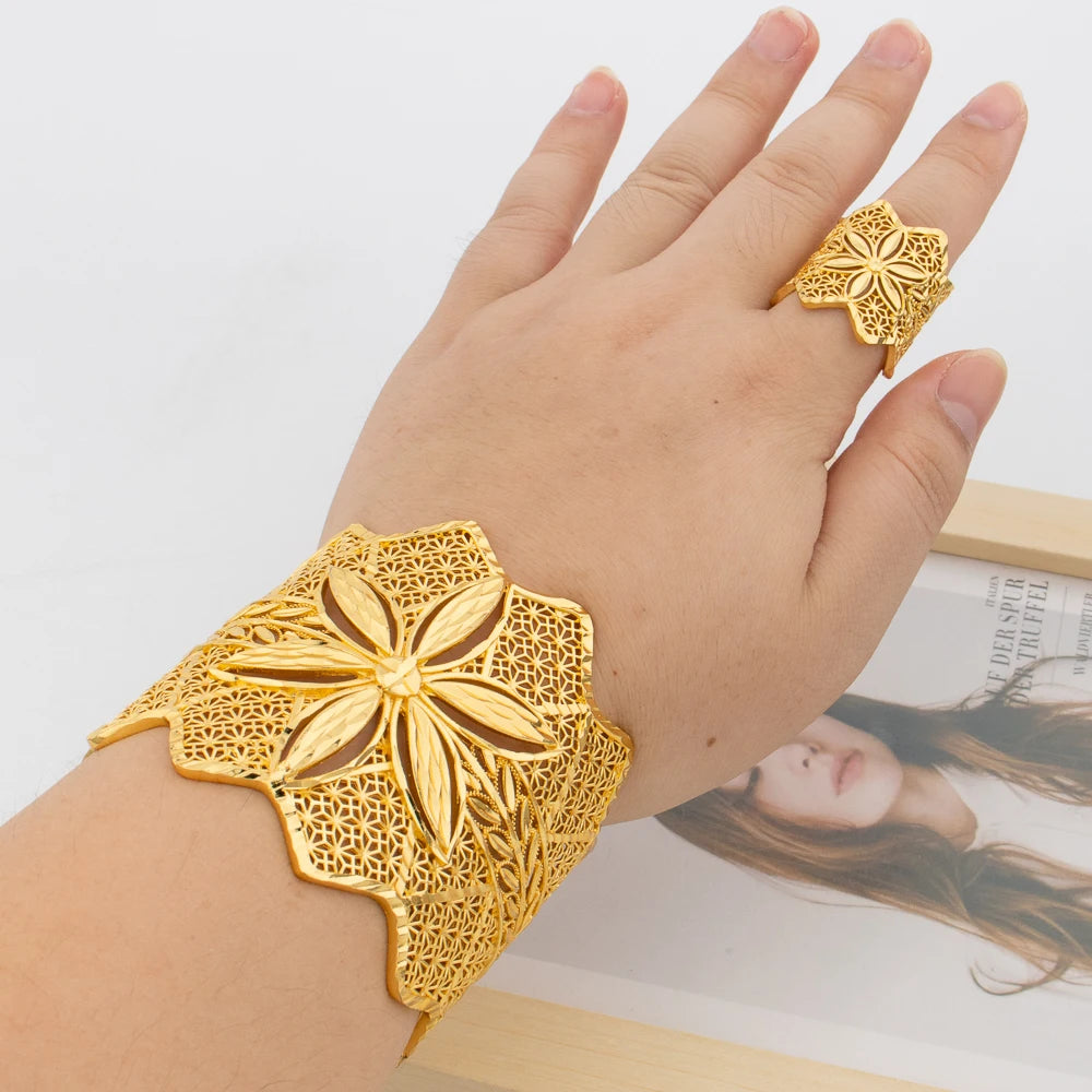 Golden Color Bangle and Ring Jewelry Set Large Size Cuff Bracelet and Ring Set