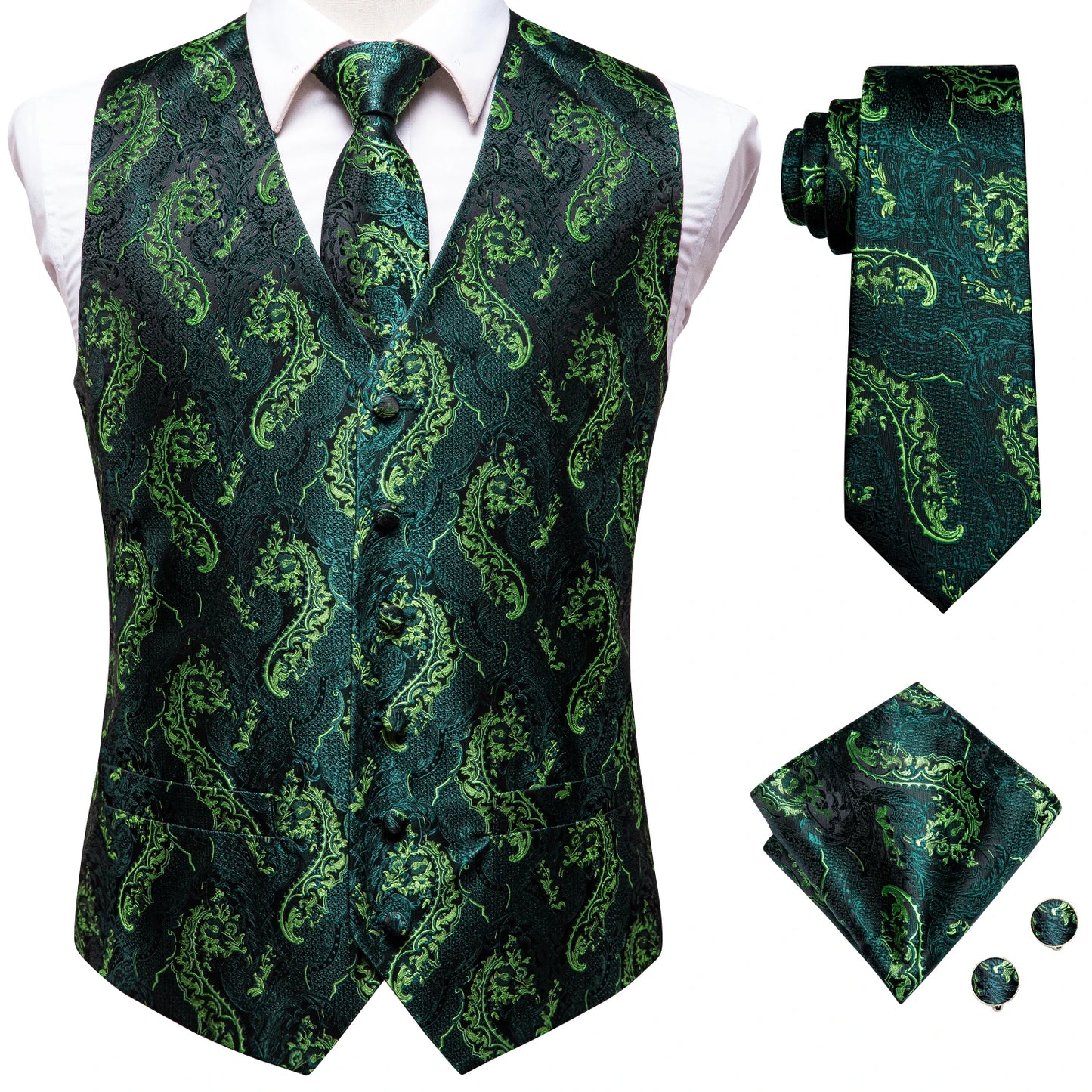 Men Suit Vests Hi-Tie Silk 4PC Woven Floral Black Waistcoat Tie Pocket Square Cufflink Business Wedding Dress Waist Jacket