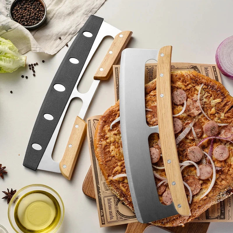 14-Inch stainless steel pizza cutter with wooden handles and protective cover on a pizza.