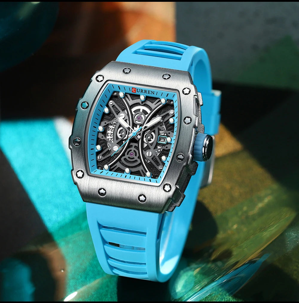 Men Quartz Watches CURREN 3D Stainless Steel Watches Waterproof Silicone Strap Wristwatch