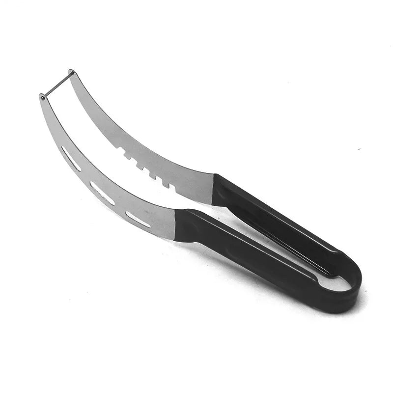 Watermelon slicer with non-slip handle, stainless steel blade for safe cantaloupe cutting.