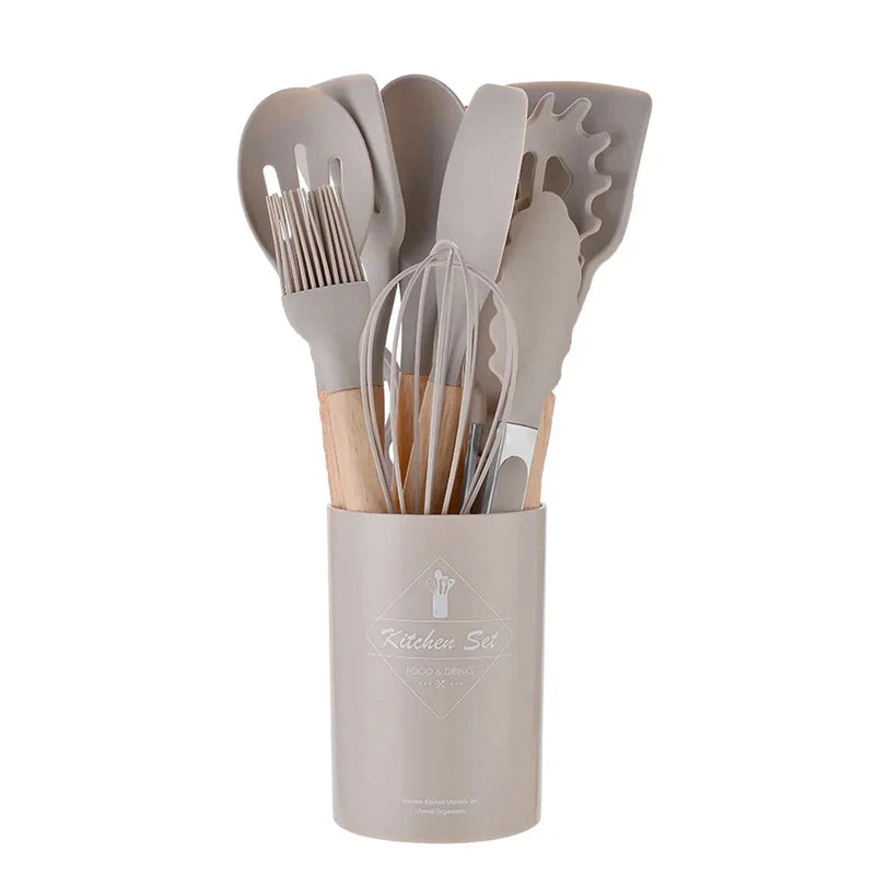 12-piece silicone kitchen utensils set with wooden handles in storage bucket