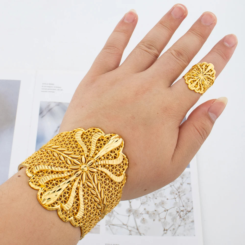 Gold Color Jewelry for Women Exaggerate Bangle Ring Set Cuff Bangle and Finger Ring Gift