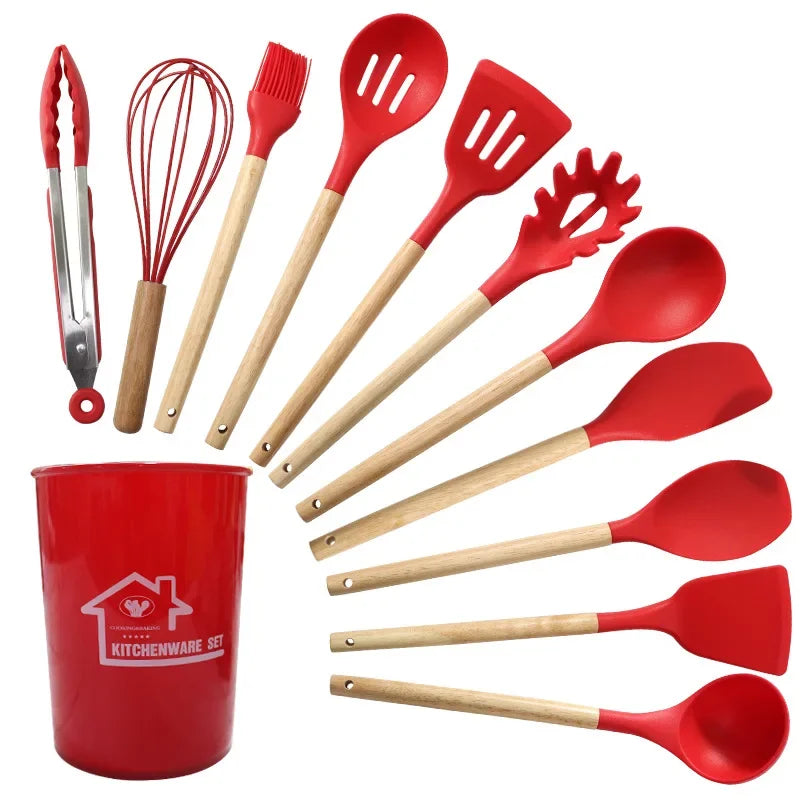 12-piece silicone cookware set with wooden handles, featuring spatulas and egg beaters, eco-friendly kitchen accessories.